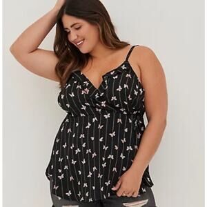 Torrid Black Butterfly Print Cami Womens 2X Surplice Neck Georgette Babydoll Top